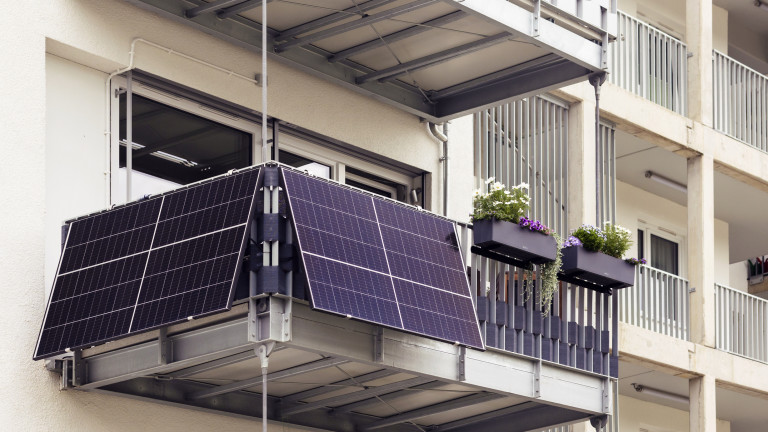 Solar Panel Balcony Building. Modern Balcony with Solar Power Energy System of Modern Facade Exterior Multifamily Building.